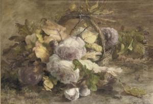 Roses In A Basket On A Forest Floor