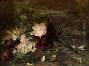 Seerosenbluten Und Margeriten Am Ufer by Geraldine Jacoba Van De Sande Bakhuyzen