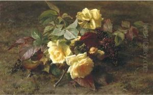 Yellow Roses And Elderberries On A Forest Floor