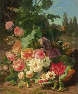 A Still Life With Flowers And Fruit In A Landscape by Geraldine Jacoba Van De Sande Bakhuyzen