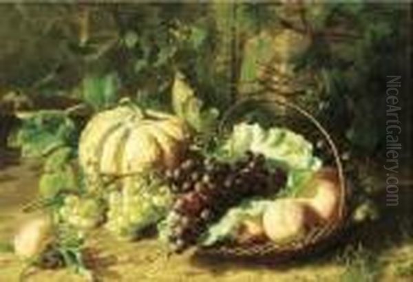 Peaches, Grapes And A Pumpkin In A Sunny Corner Of A Vegetable Garden - view 1