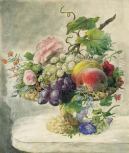 A Still Life With Peaches,
Grapes, Roses, Morning Glory,forget-me-not, Pelargonium And Other
Flowers On A Fruitstand by Geraldine Jacoba Van De Sande Bakhuyzen