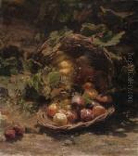A Wicker Basket Of Plums, Apricots And A Pumpkin In An Autumnallandscape - view 1