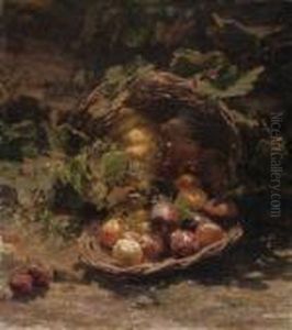 A Wicker Basket Of Plums, Apricots And A Pumpkin In An Autumnallandscape by Geraldine Jacoba Van De Sande Bakhuyzen