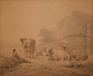 Herder With Cattle And Sheep In A
Mountain Landscape by Hendrikus van den Sande Bakhuyzen