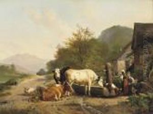 Cattle Near A Farm by Hendrikus van den Sande Bakhuyzen