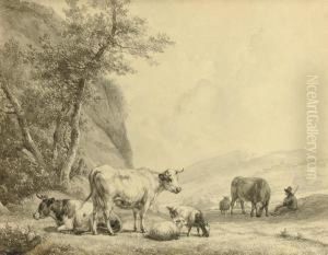 Cattle In A Peaceful Meadow by Hendrikus van den Sande Bakhuyzen