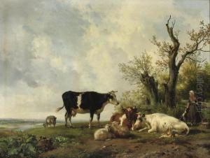 A Farm Girl With Her Cattle In A Pasture by Hendrikus van den Sande Bakhuyzen