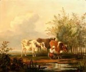Melktijd. Gesigneerd by Hendrikus van den Sande Bakhuyzen