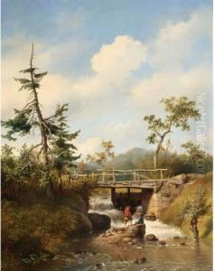 A Forest View With Figures By A Stream by Hendrikus van den Sande Bakhuyzen