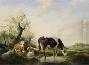 Cows, Sheep And A Goat In A Meadow by Hendrikus van den Sande Bakhuyzen