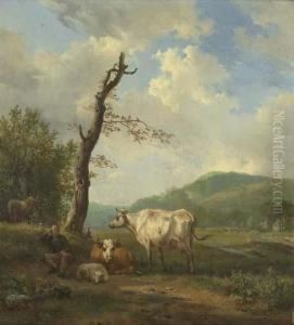 A Hilly Landscape With A Shepherd And His Flock Resting By A Tree by Hendrikus van den Sande Bakhuyzen