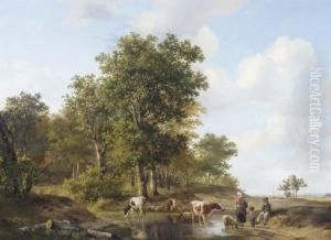 Peasants Conversing At The Edge Of A Forest On A Sunny Day by Hendrikus van den Sande Bakhuyzen