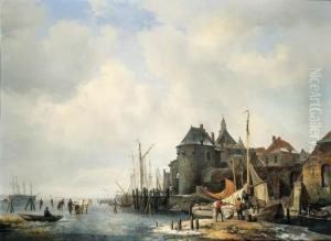 Een Gezigt Van De Rietdijkse Poort En Het Hoofd Te Dordrecht, Bij Winter