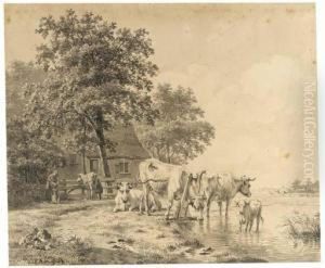 Cattle Drinking From A Ditch, Farmers Milking A Cow By A Farm by Hendrikus van den Sande Bakhuyzen
