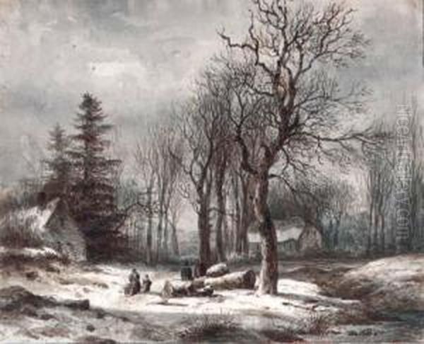 Woodgatherers Near Farm Buildings In Winter (recto); A Hilly Riverlandscape (verso) - view 1