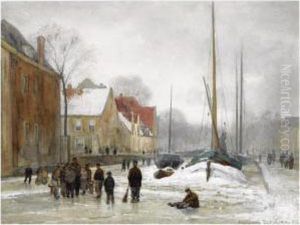 Figures On A Frozen Canal In A Wintry Town by Julius Jacobus Van De Sande Bakhuyzen