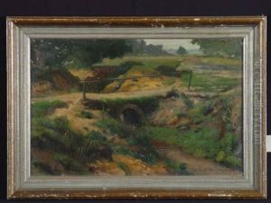 Brucke In Feldlandschaft by Julius Jacobus Van De Sande Bakhuyzen