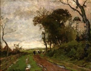 Cows On A Sand Road by Julius Jacobus Van De Sande Bakhuyzen