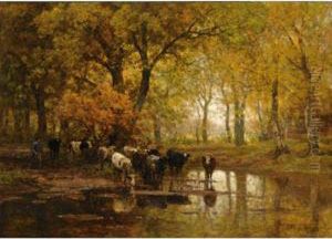 Watering Cows In A Pond by Julius Jacobus Van De Sande Bakhuyzen