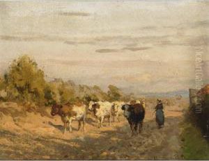 A Cowherdess With Her Cattle On A Country Road, Rolde by Julius Jacobus Van De Sande Bakhuyzen
