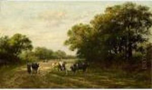 A Girl Herding Cows In A Forest Landscape by Julius Jacobus Van De Sande Bakhuyzen