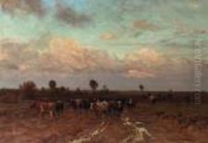 A Herdsman Driving Cattle Through A Heath Landscape by Julius Jacobus Van De Sande Bakhuyzen