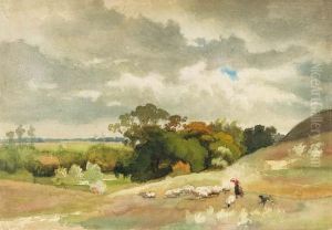 A Shepherdess With Sheep And A Dog In A Hilly Woodedlandscape by Julius Jacobus Van De Sande Bakhuyzen