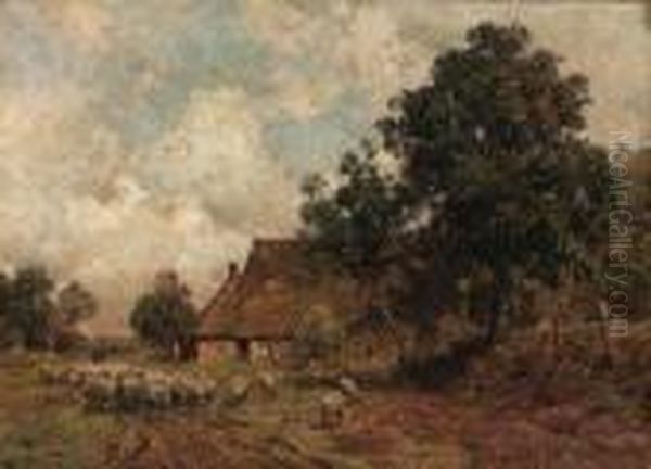A Summer Landscape With A Shepherd And Flock Passing Acottage - view 1