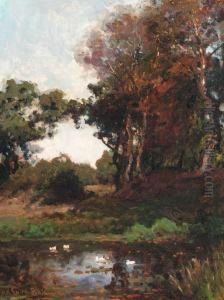 A Woodland With Ducks In A Pond by Julius Jacobus Van De Sande Bakhuyzen
