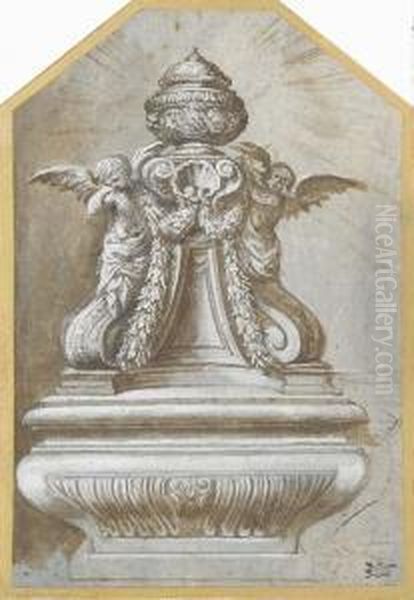 Design For A Monument With Two Putti Around An Urn - view 1
