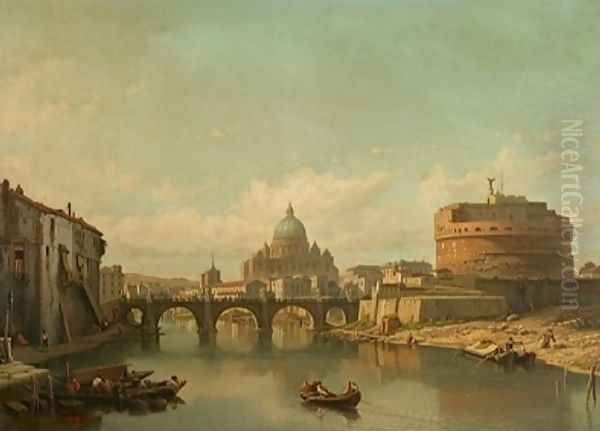 Vue du pont et chateau Saint Ange a Rome, sur le second plan la Basilique Saint Pierre - view 1