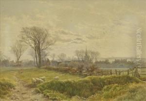 The Edge Ofthe Village, A Scene In Early Autumn With Figure And Sheep By Apath by James Walsham Baldock