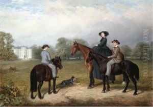 Mrs Samuel Garnett Mounted On A 
Bay Hunter With Her Two Sons, John And Samuel Mounted On Ponies, Outside
 Arch Hall, County Meath