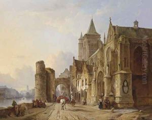 Figures in the streets of a riverside town by Francois Antoine Bossuet