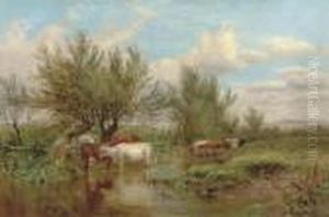 Cattle Watering In A Summer Landscape by James Walsham Baldock
