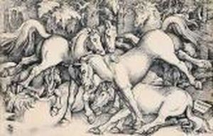 Kampfende Hengste Inmitten Einer Herde Wildpferde by Hans Baldung Grien