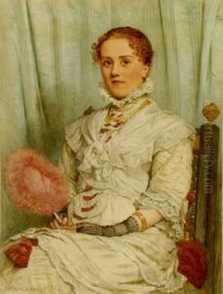A Half Length Portrait Of A Lady Sitting In A Chair Holding A Pink Fan - view 1