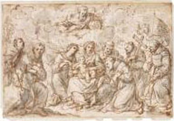 The Virgin And Child In A 
Landscape With The Magdelen, John The Baptist, Various Saints And God 
The Father Above - view 1