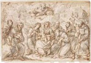 The Virgin And Child In A 
Landscape With The Magdelen, John The Baptist, Various Saints And God 
The Father Above by Antonio Balestra