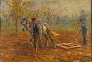 "l'aratura" Olio Su Compensato Firmato In Basso A Destra E Datato 1914
