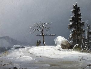 Mennesker I Vinterlandskap Olje Pa Plate