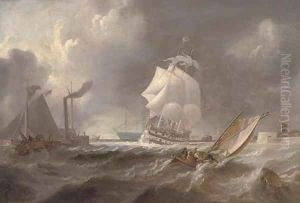 A two-decker emerging from Portsmouth harbour into rough waters by Richard Bridges Beechey