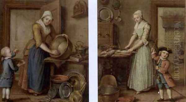 A woman cleaning pots in an interior with a boy eating cherries (and) A woman preparing fish in a kitchen and a child playing, 1769 - view 1