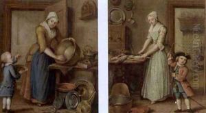 A woman cleaning pots in an interior with a boy eating cherries (and) A woman preparing fish in a kitchen and a child playing, 1769 by Abraham Hendrick van Beesten