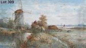 Study Of A Water-meadow Scene 
Near Aldeburgh Withfigures, Cattle, Windmill And Cottages In The 
Foreground And Theriver Alde In The Background With Sailing Vessel