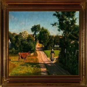 A Peasant Woman Carrying Water At A Village Road. Signed And Dated Otto P. Balle 1906