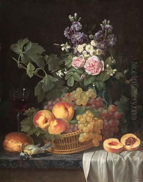 Roses, stocks, jasmine and other flowers in a vase, with peaches and grapes in a basket, a glass of wine, a blue tit - view 1