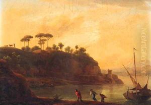Fishermen towing a boat on the river Tiber at sunset by Jean-Joseph-Xavier Bidauld