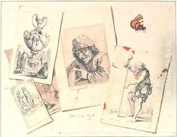 A trompe l'oeil still life of a butterfly and an assortment of prints after Jacques Callot, David Teniers II, Salvator Rosa and Jacques-Louis David - view 1